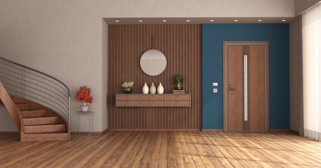 Home entrance with closed front door, wooden staircase and sideboard on wooden panel - 3d rendering