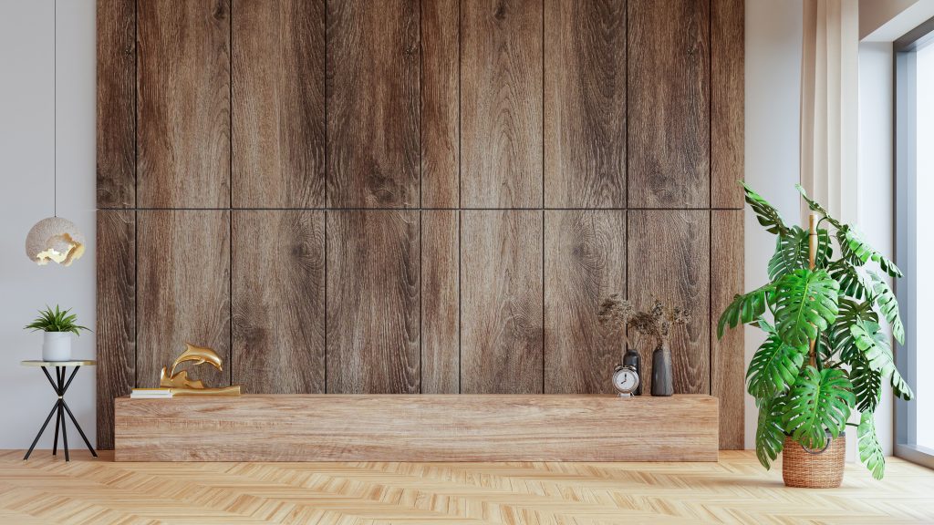 Wall mockup in modern living room with decoration on wooden wall background,3d rendering