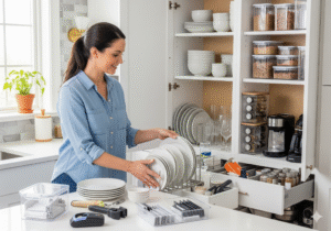 a-woman-organizing-kitchen-cabinets